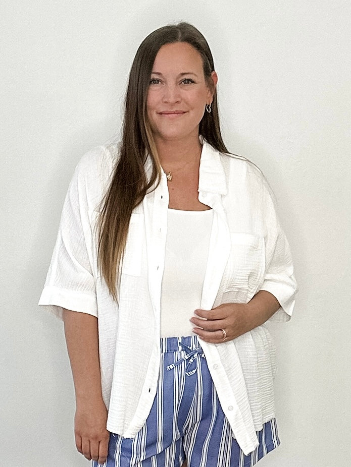 Cotton Gauze Button Down - White-Tops- Hometown Style HTS, women's in store and online boutique located in Ingersoll, Ontario