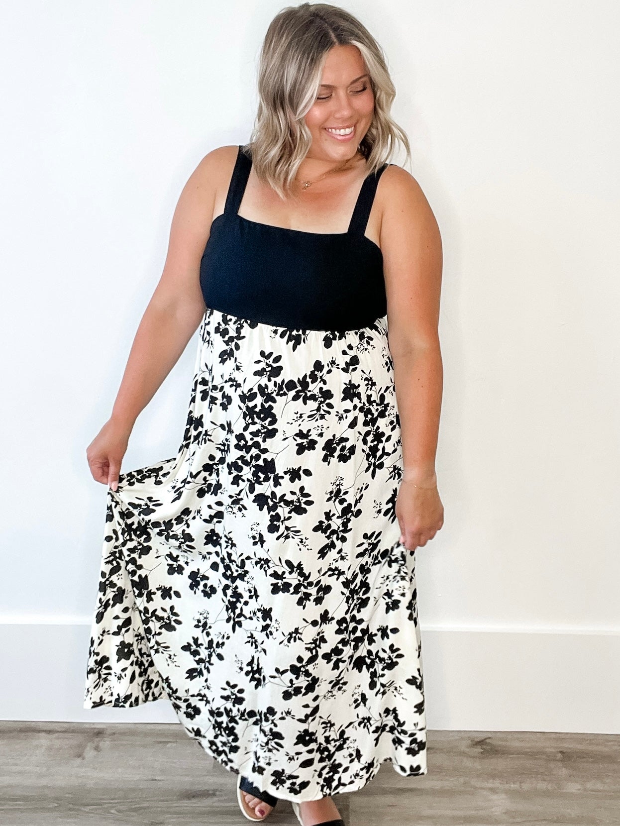 Floral Mixed Media Midi Dress - Black & Cream-Dress- Hometown Style HTS, women's in store and online boutique located in Ingersoll, Ontario