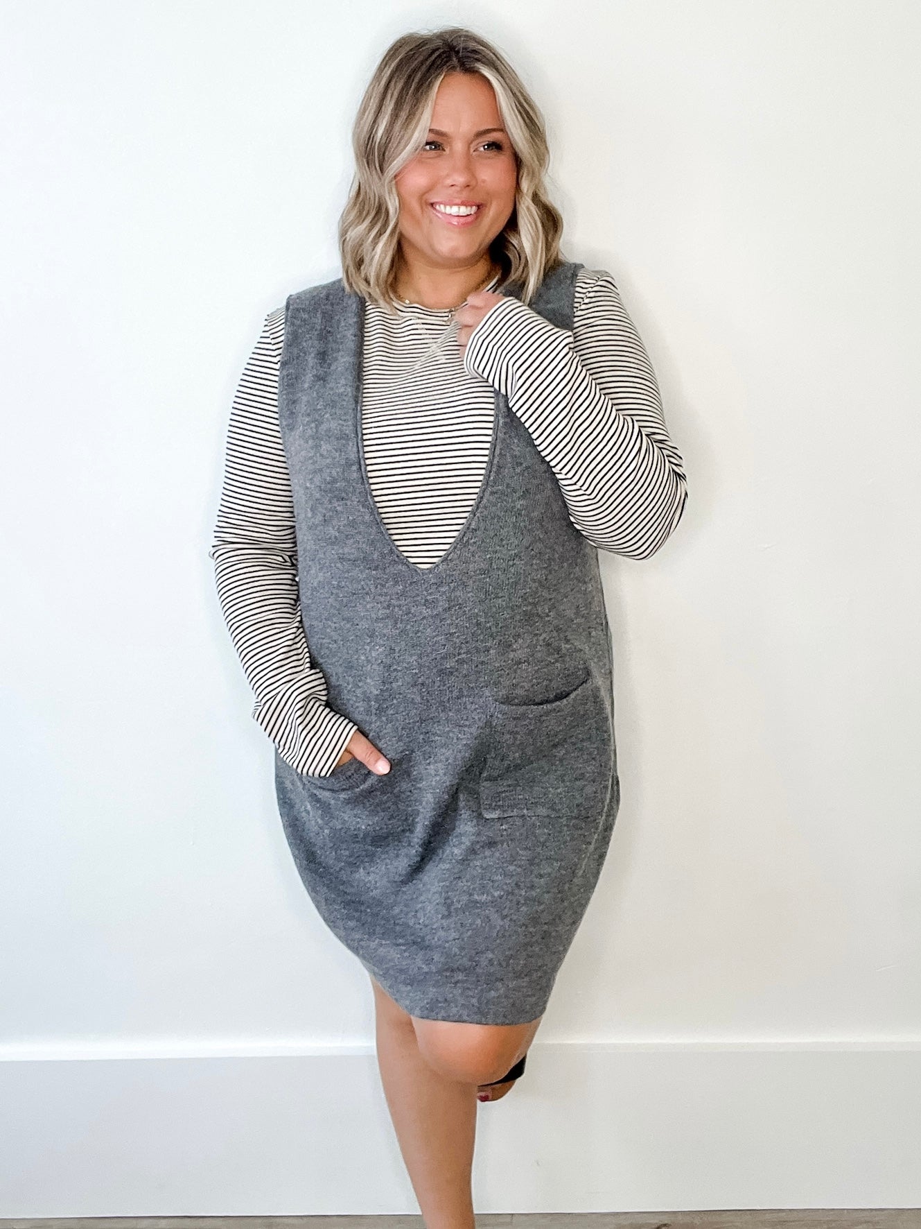 Brushed Knit Sweater Mini Dress - Charcoal-Dress- Hometown Style HTS, women's in store and online boutique located in Ingersoll, Ontario