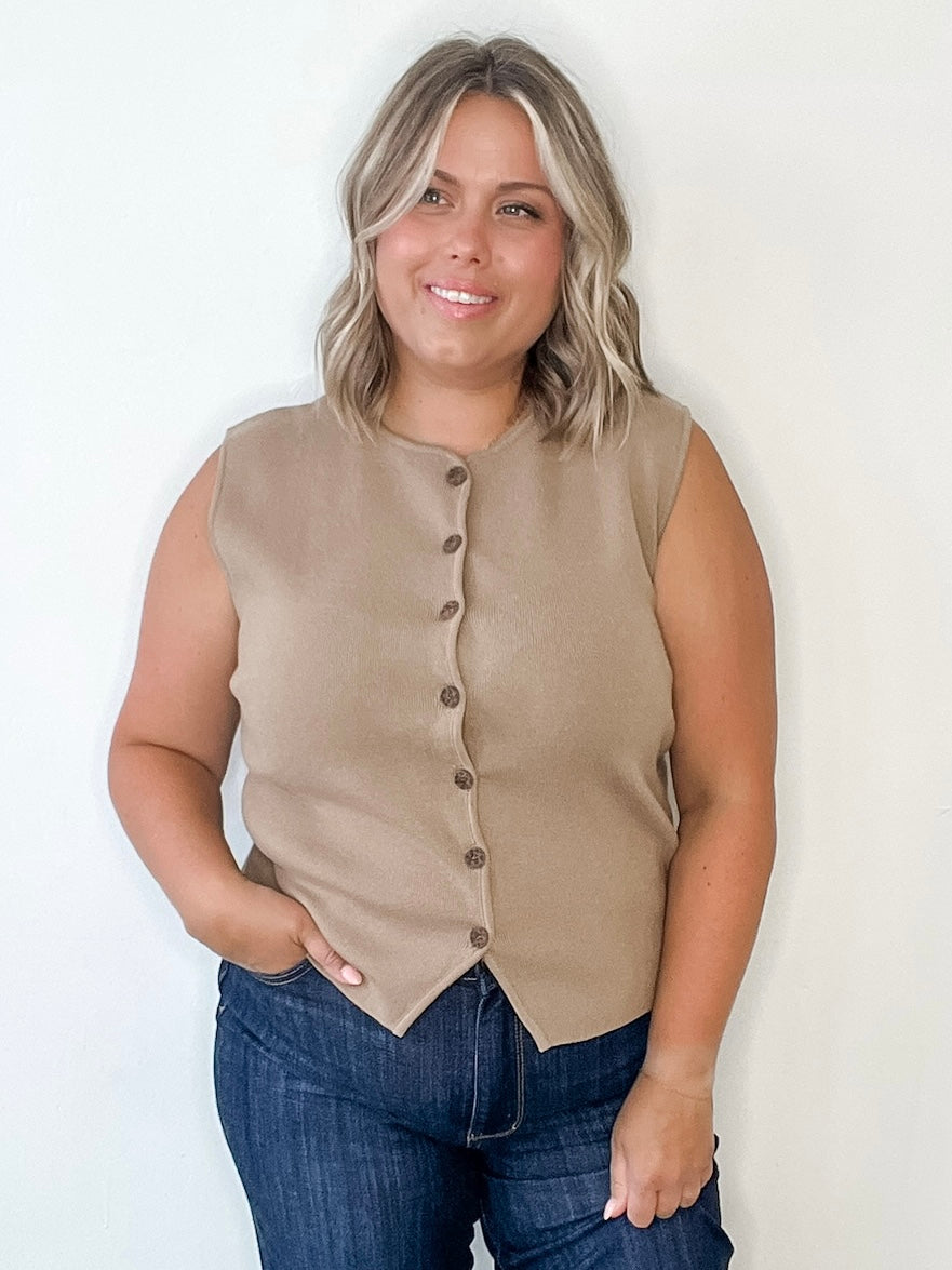 Button Up Sweater Vest - Mocha-Casual Tops- Hometown Style HTS, women's in store and online boutique located in Ingersoll, Ontario