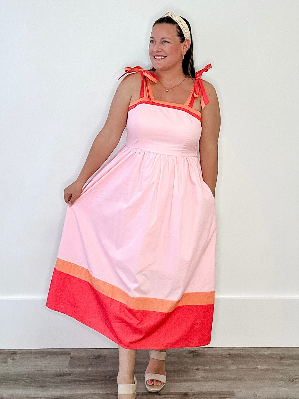 Colour Block Midi Dress - Pink-Special Occasion Dress- Hometown Style HTS, women's in store and online boutique located in Ingersoll, Ontario