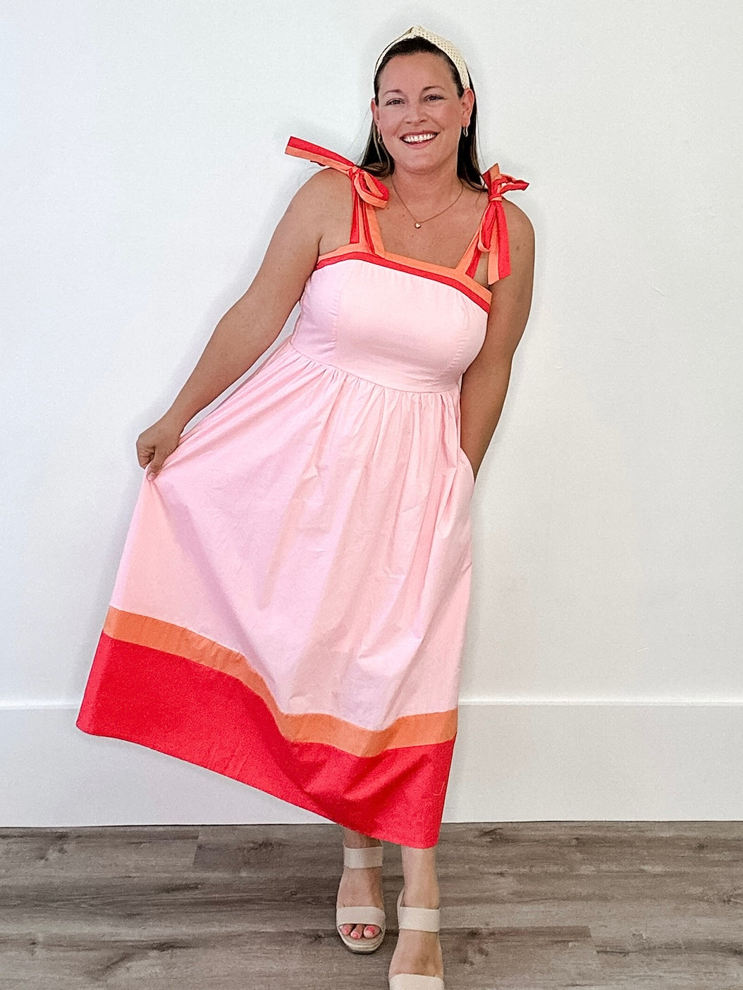 Colour Block Midi Dress - Pink-Special Occasion Dress- Hometown Style HTS, women's in store and online boutique located in Ingersoll, Ontario