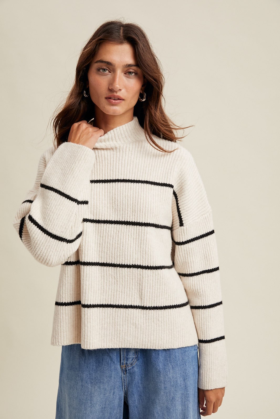 Mock Neck, Ribbed Knit Sweater - White/Black Stripe-Sweaters and Cardigans- Hometown Style HTS, women's in store and online boutique located in Ingersoll, Ontario