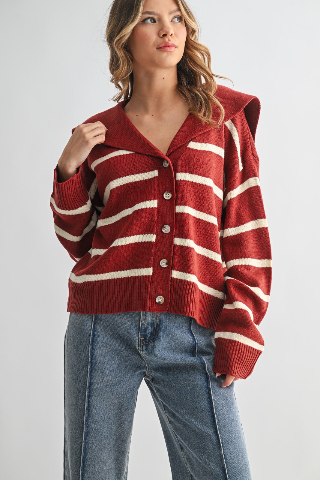 Striped Sailor Collar Cardigan - Rust-Sweaters and Cardigans- Hometown Style HTS, women's in store and online boutique located in Ingersoll, Ontario