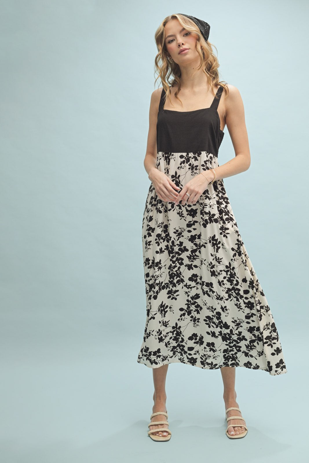 Floral Mixed Media Midi Dress - Black & Cream-Dress- Hometown Style HTS, women's in store and online boutique located in Ingersoll, Ontario