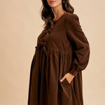 Bow Tie Corduroy Mini Dress - Chocolate-Casual Dresses- Hometown Style HTS, women's in store and online boutique located in Ingersoll, Ontario