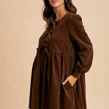 Bow Tie Corduroy Mini Dress - Chocolate-Casual Dresses- Hometown Style HTS, women's in store and online boutique located in Ingersoll, Ontario