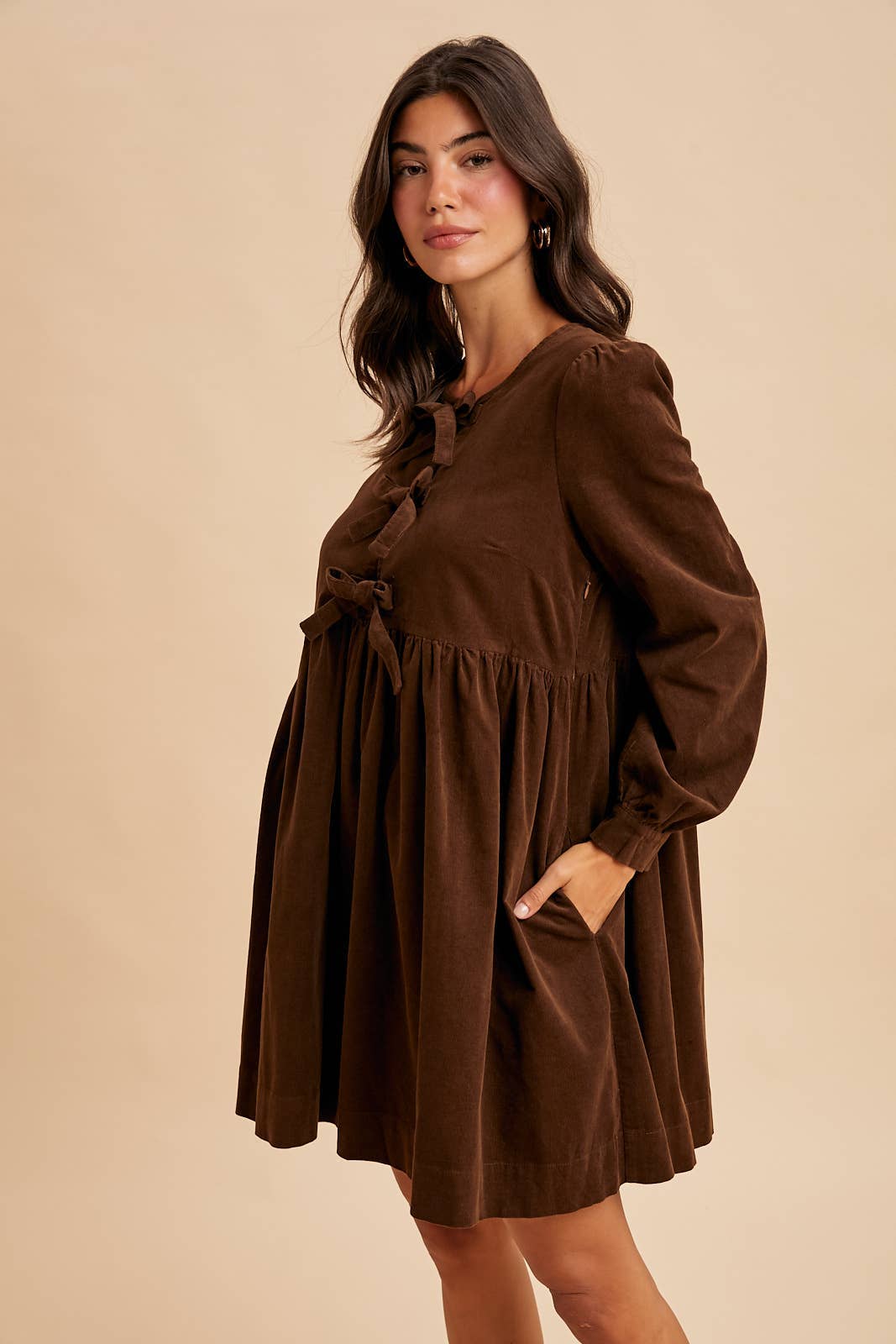 Bow Tie Corduroy Mini Dress - Chocolate-Casual Dresses- Hometown Style HTS, women's in store and online boutique located in Ingersoll, Ontario