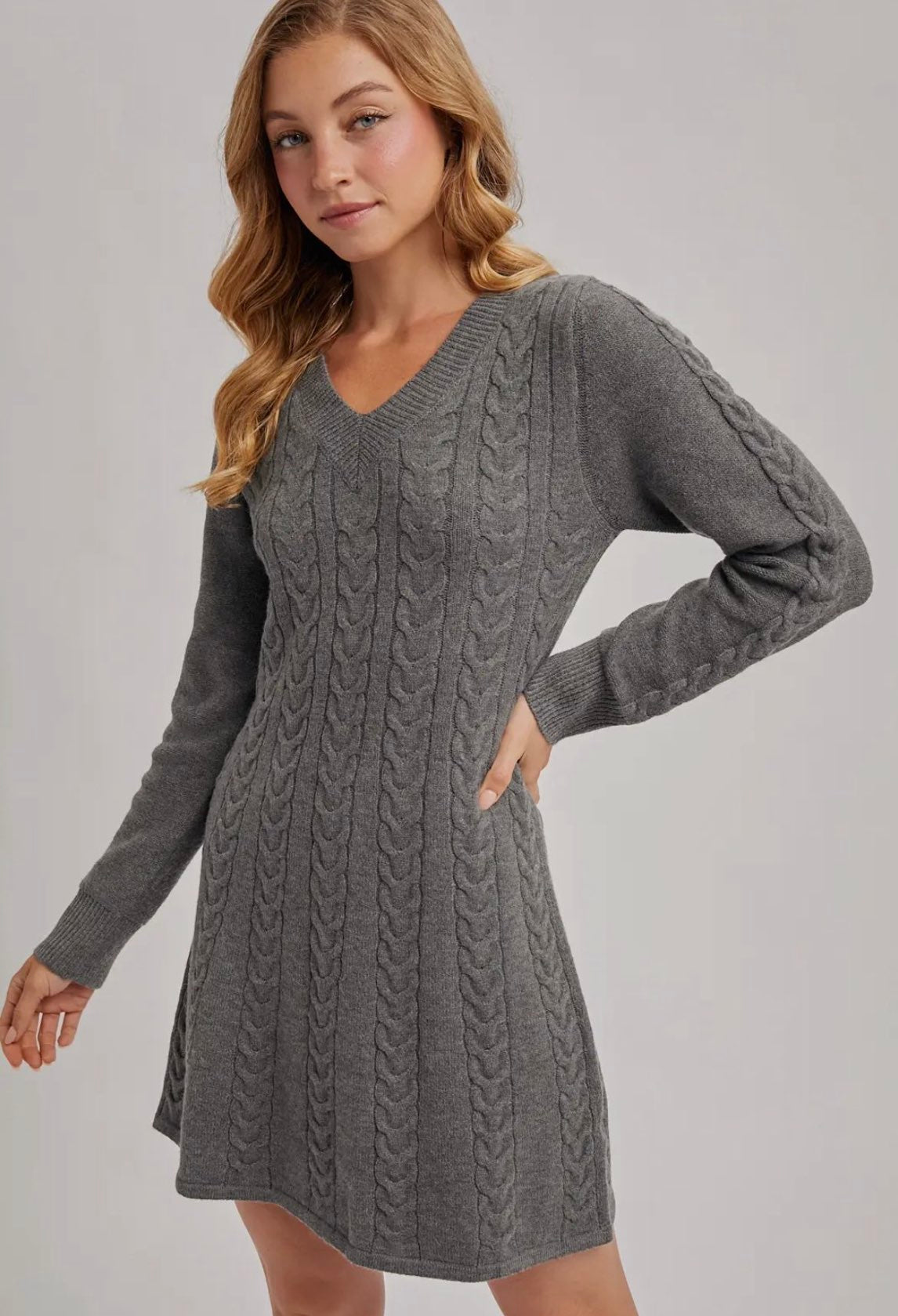 Casual Cable Knit Dress - Grey-Casual Dresses- Hometown Style HTS, women's in store and online boutique located in Ingersoll, Ontario