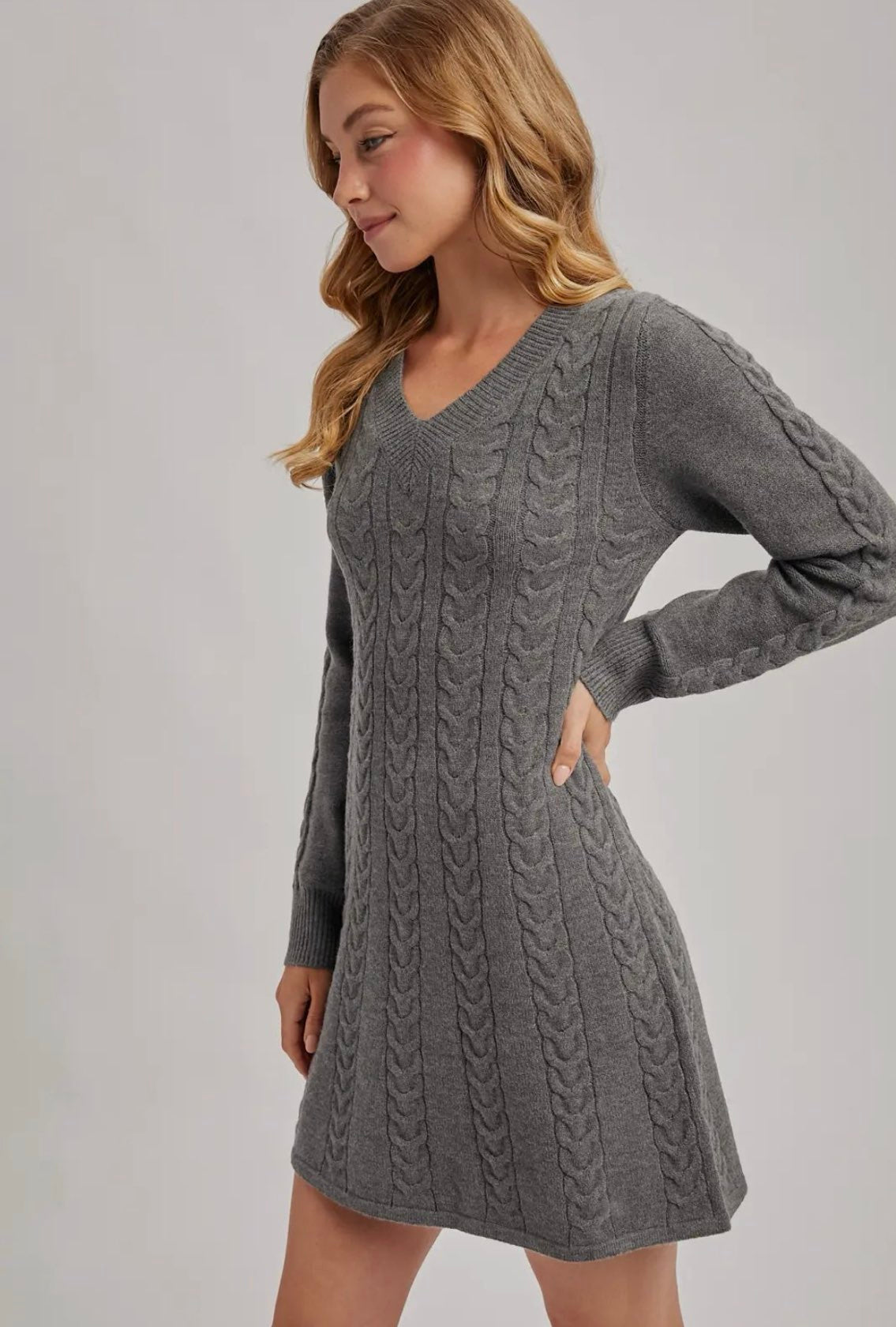 Casual Cable Knit Dress - Grey-Casual Dresses- Hometown Style HTS, women's in store and online boutique located in Ingersoll, Ontario
