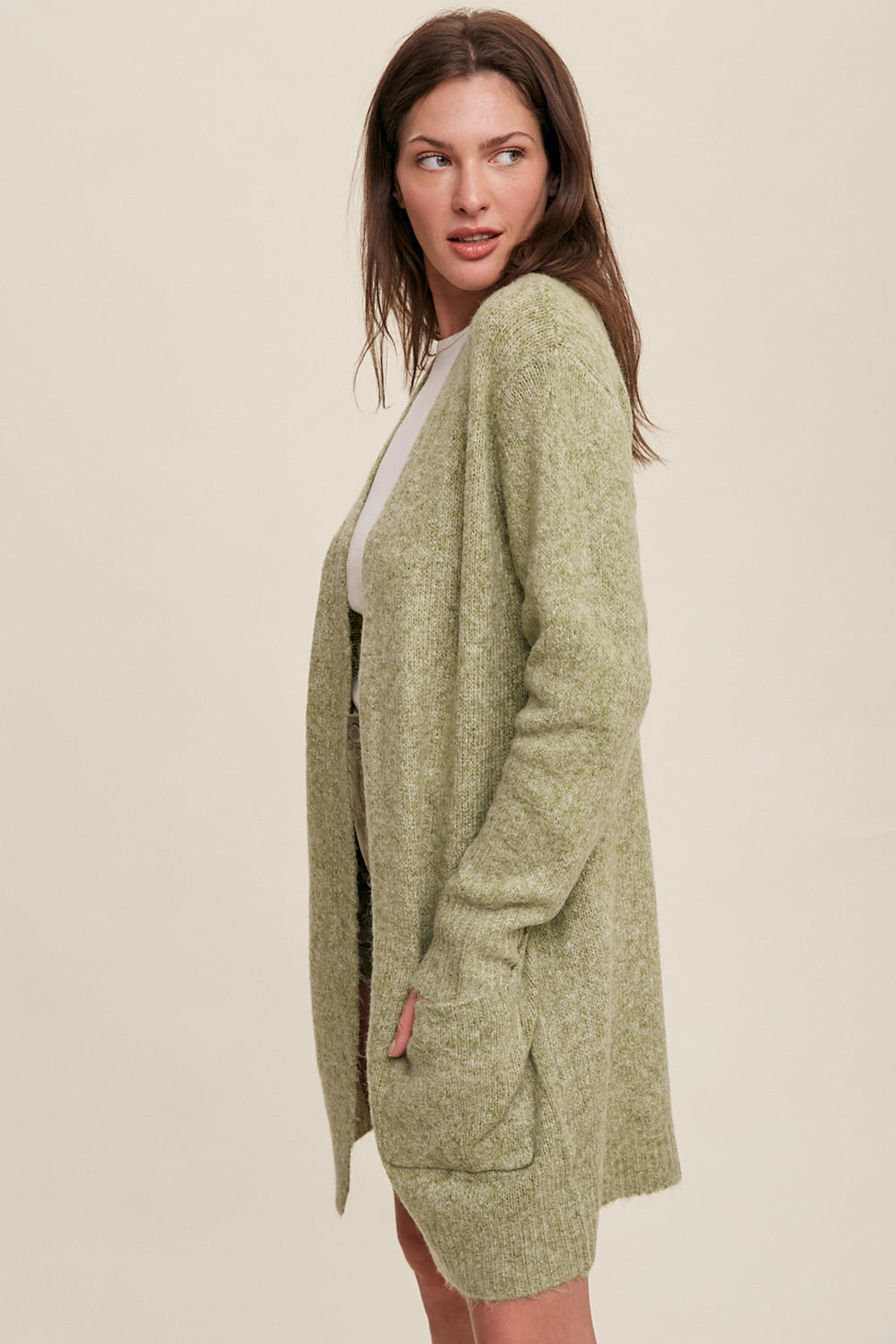 Open Front, Two Pocket Cardigan - Olive-Sweater- Hometown Style HTS, women's in store and online boutique located in Ingersoll, Ontario