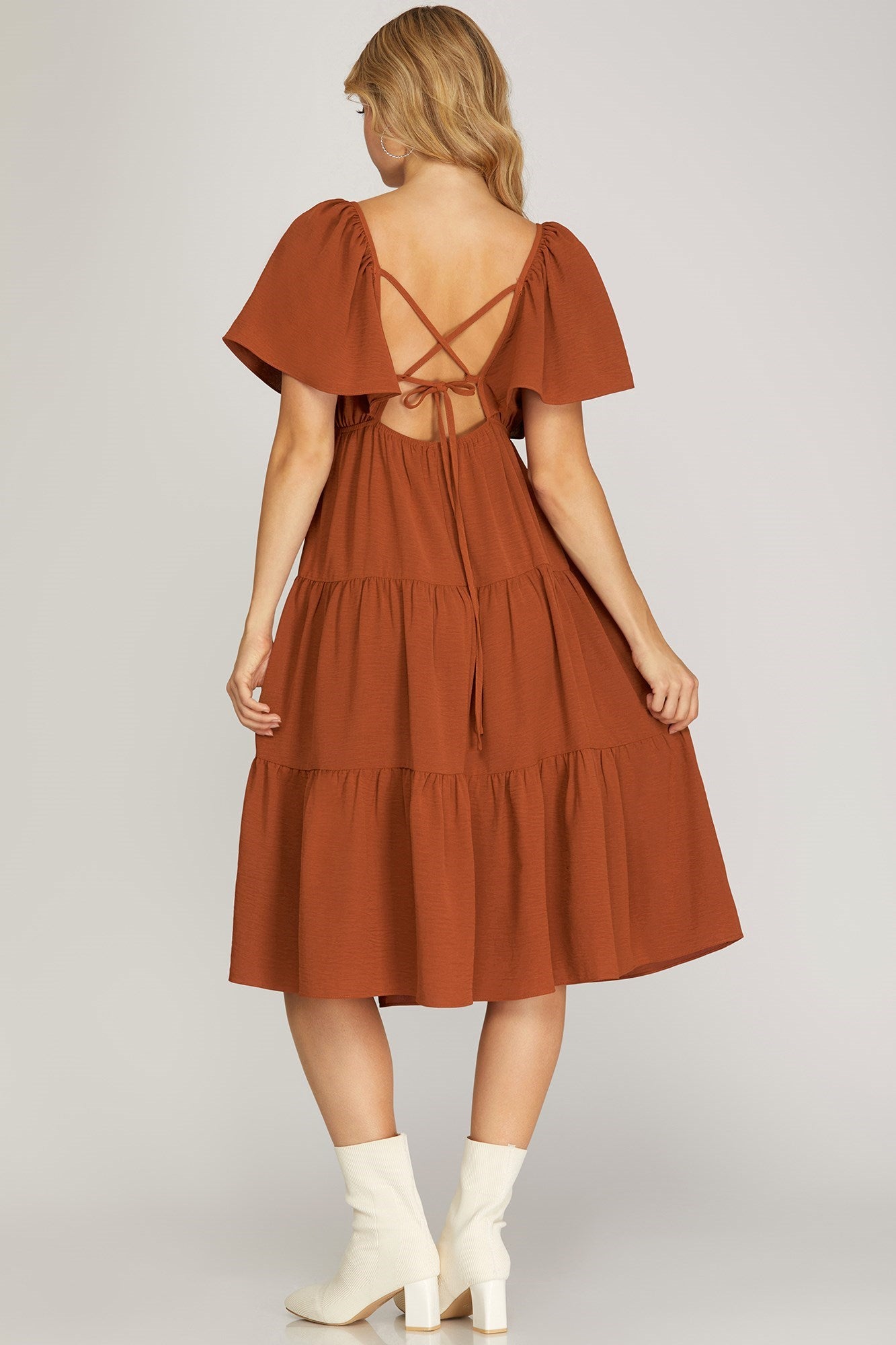 Flounce Sleeve, Tiered Midi Dress - Caramel-Dress- Hometown Style HTS, women's in store and online boutique located in Ingersoll, Ontario