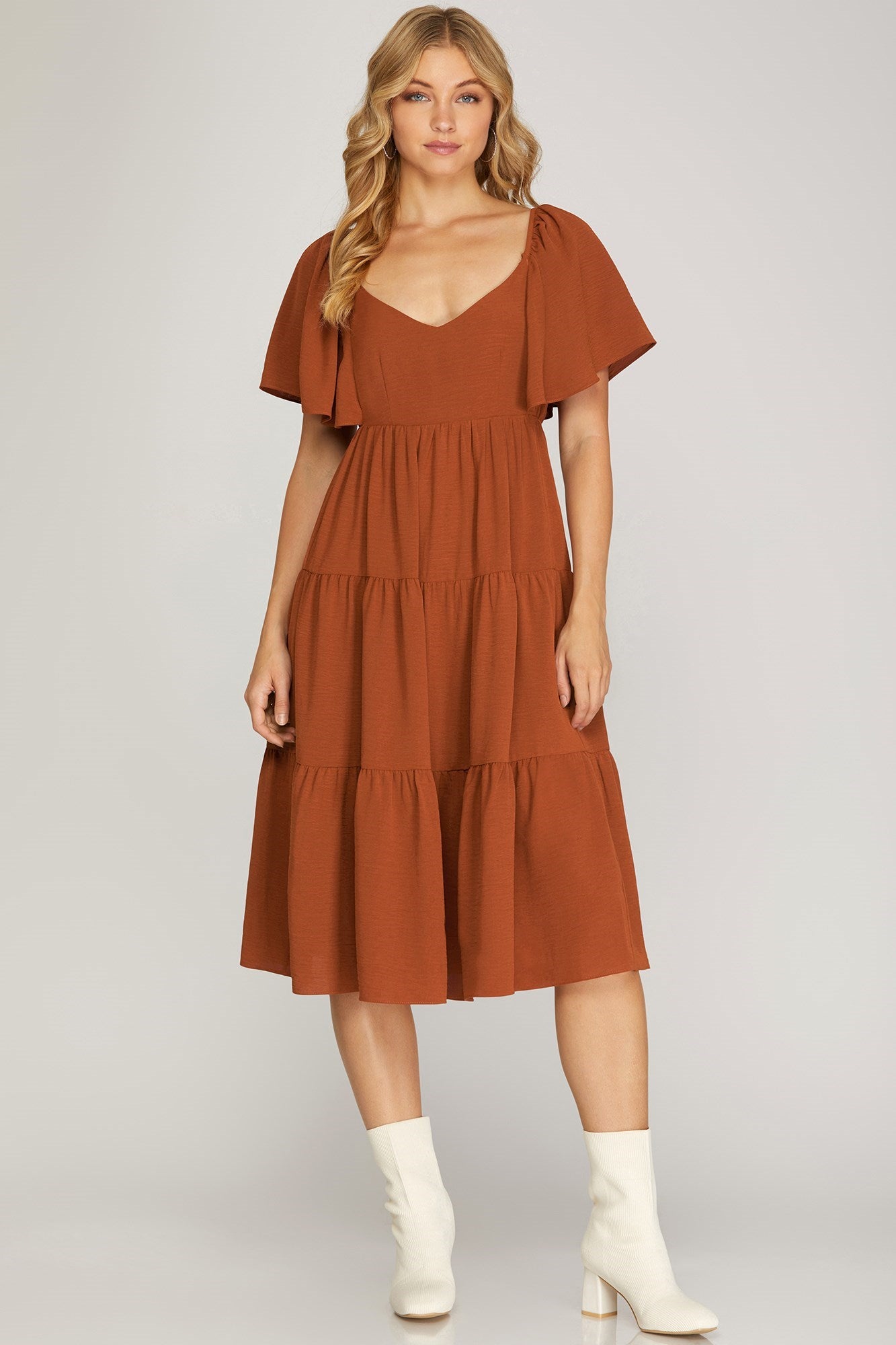 Flounce Sleeve, Tiered Midi Dress - Caramel-Dress- Hometown Style HTS, women's in store and online boutique located in Ingersoll, Ontario