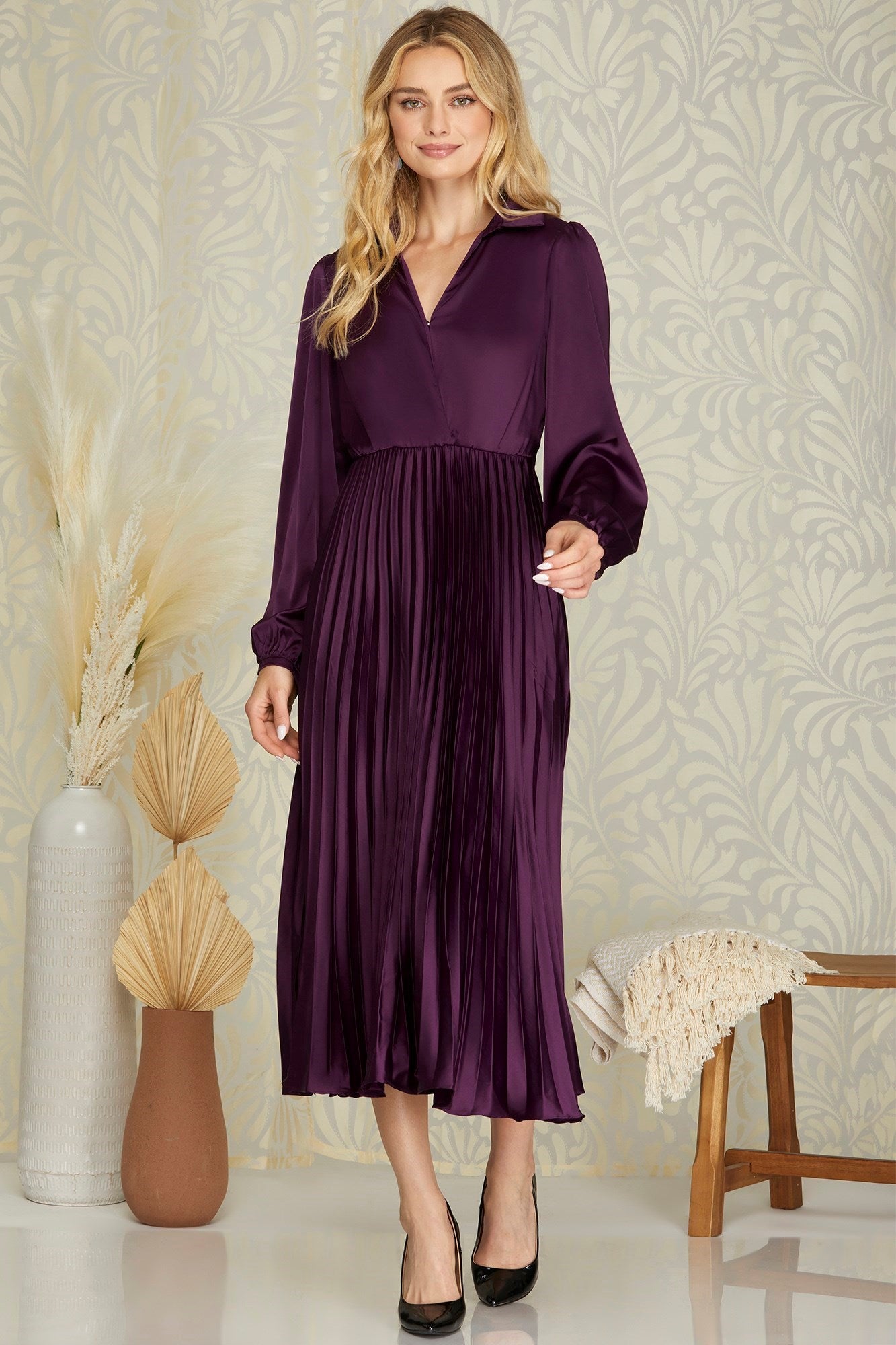 Satin Pleated Midi Dress - Plum-Dress- Hometown Style HTS, women's in store and online boutique located in Ingersoll, Ontario