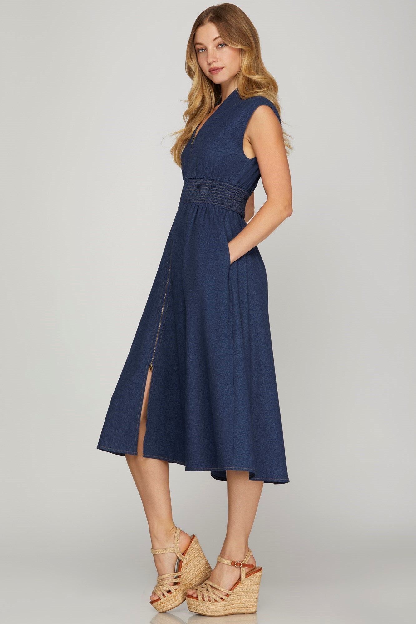 Smocked Waist Midi Dress - Denim-dress- Hometown Style HTS, women's in store and online boutique located in Ingersoll, Ontario