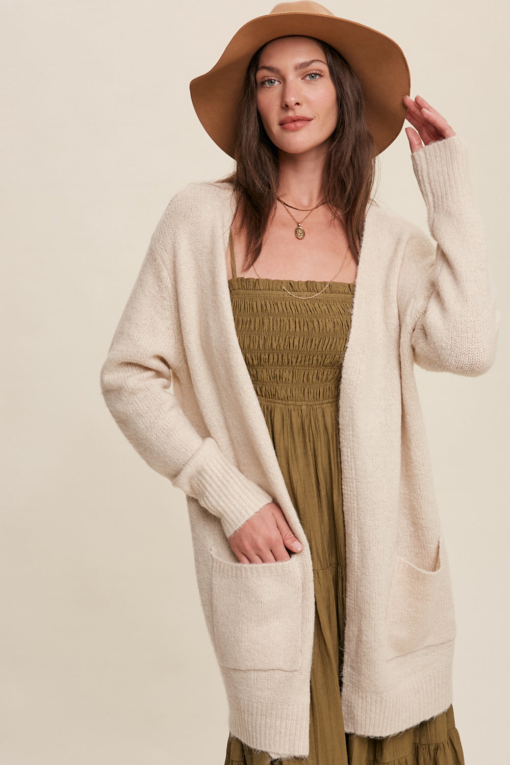 Open Front, Two Pocket Cardigan - Natural-Sweater- Hometown Style HTS, women's in store and online boutique located in Ingersoll, Ontario