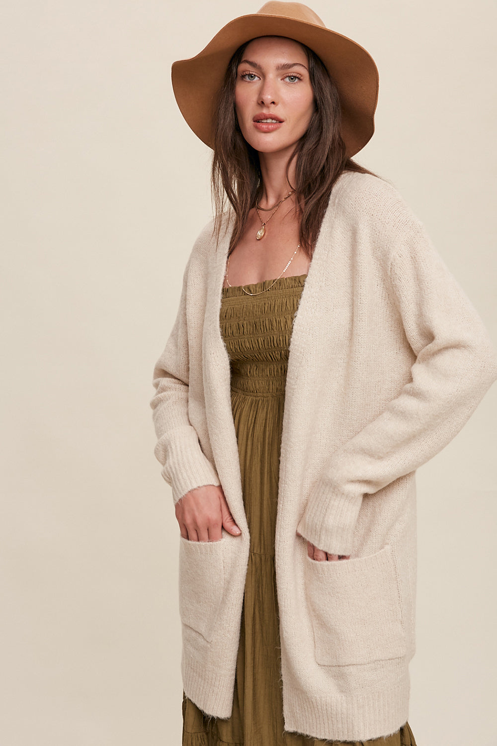 Open Front, Two Pocket Cardigan - Natural-Sweater- Hometown Style HTS, women's in store and online boutique located in Ingersoll, Ontario