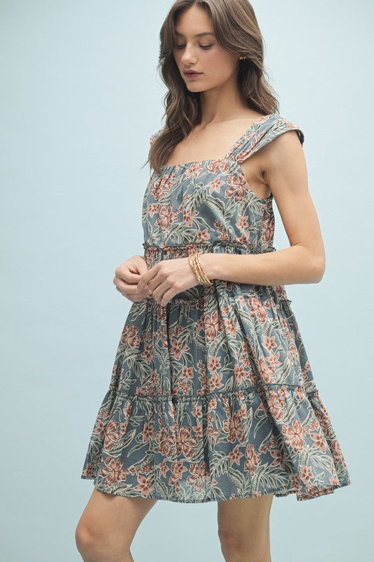 Floral Tiered Mini Dress - Teal-dress- Hometown Style HTS, women's in store and online boutique located in Ingersoll, Ontario
