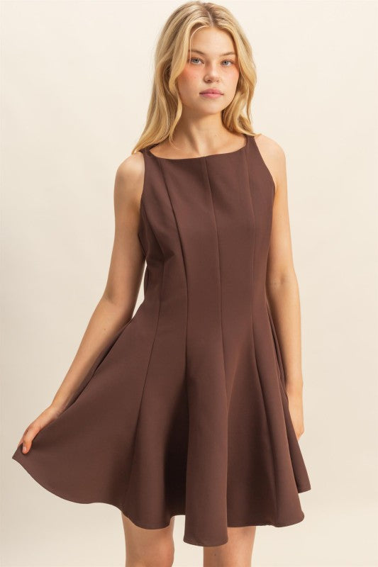 Sleeveless Flared Hemline Dress - Brown-Special Occasion Dress- Hometown Style HTS, women's in store and online boutique located in Ingersoll, Ontario