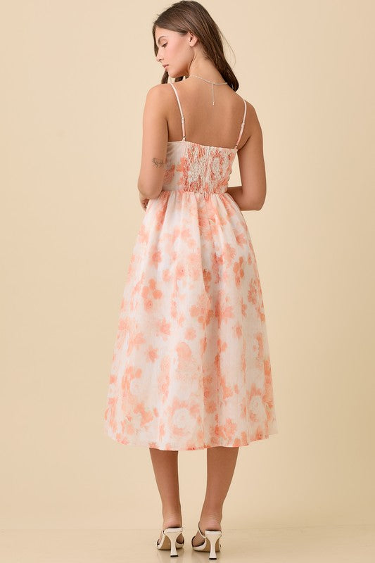 Corset Midi Floral Dress - Tangerine-dress- Hometown Style HTS, women's in store and online boutique located in Ingersoll, Ontario