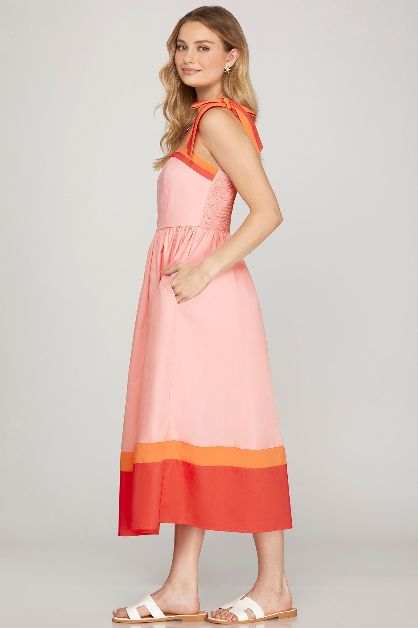 Colour Block Midi Dress - Pink-Special Occasion Dress- Hometown Style HTS, women's in store and online boutique located in Ingersoll, Ontario