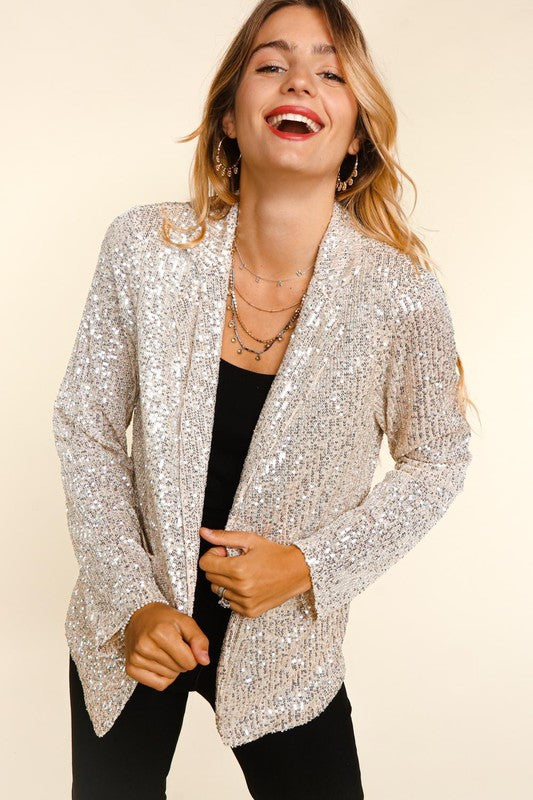 Sequin Open Blazer - Silver-blazer- Hometown Style HTS, women's in store and online boutique located in Ingersoll, Ontario