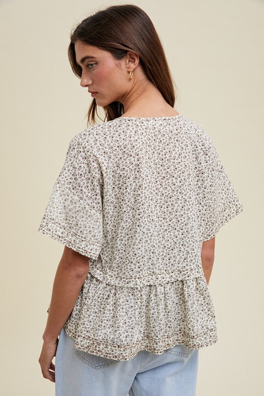 Floral Babydoll Blouse - Charcoal/Cream-blouse- Hometown Style HTS, women's in store and online boutique located in Ingersoll, Ontario