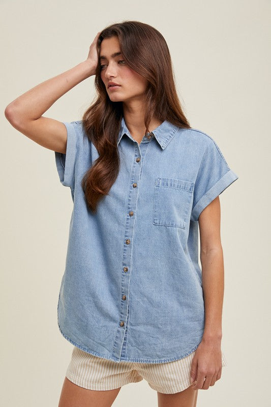 Cuff Sleeve Button Up - Denim-casual shirt- Hometown Style HTS, women's in store and online boutique located in Ingersoll, Ontario