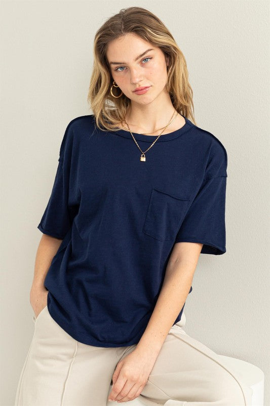 Short Sleeve Tee with Patch Pocket - Navy-tee- Hometown Style HTS, women's in store and online boutique located in Ingersoll, Ontario