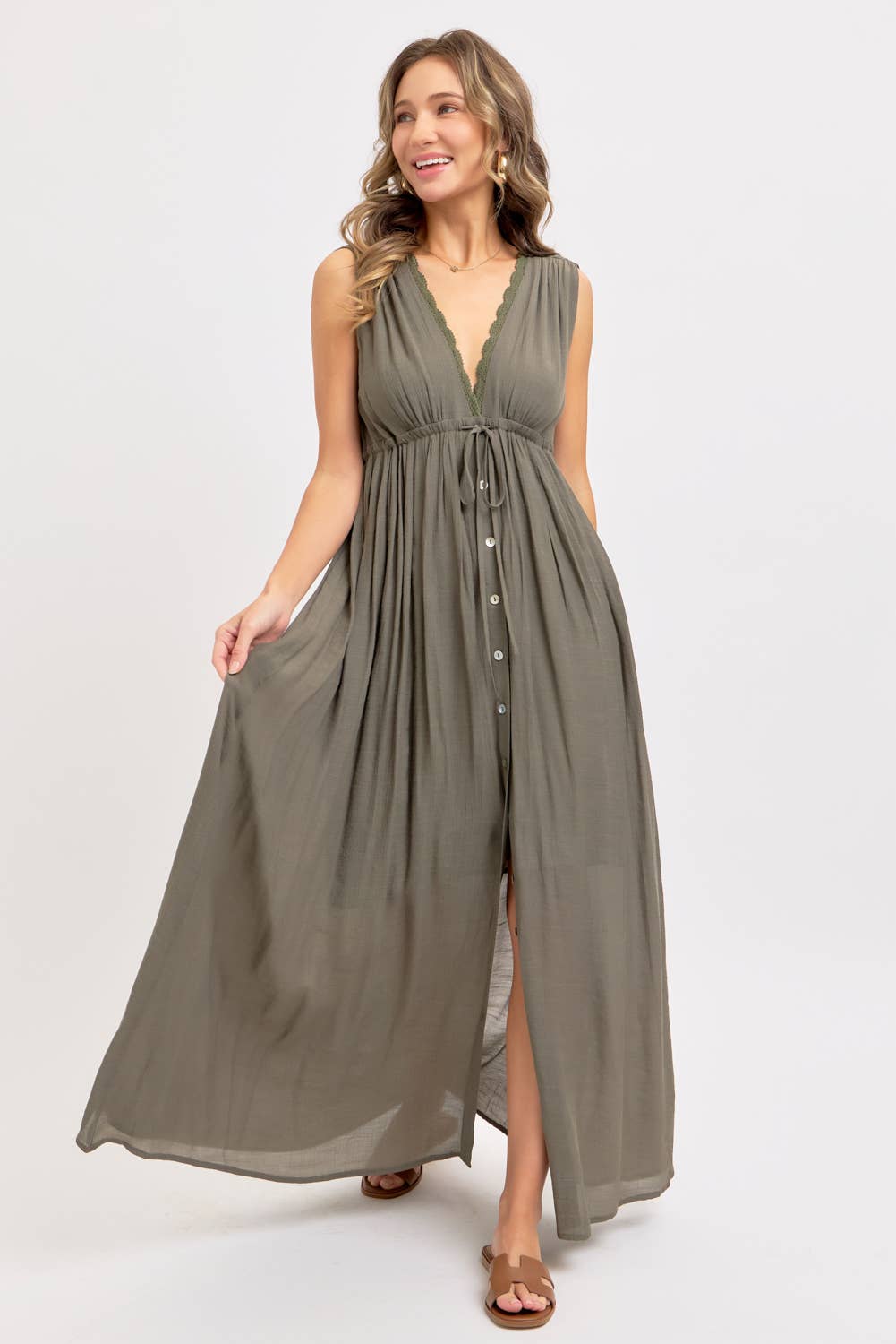 Deep V Neckline Maxi Dress - Olive-dress- Hometown Style HTS, women's in store and online boutique located in Ingersoll, Ontario