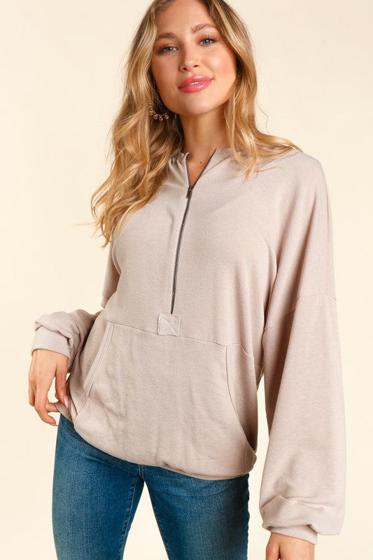 Half Zip Hoodie Pullover - Taupe-Sweater- Hometown Style HTS, women's in store and online boutique located in Ingersoll, Ontario