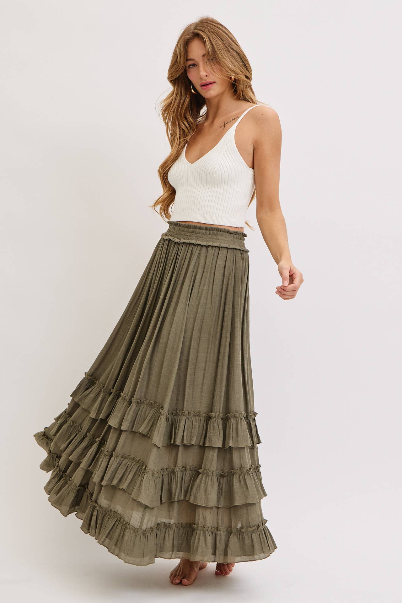Tiered Ruffle Maxi Skirt - Olive-Skirt- Hometown Style HTS, women's in store and online boutique located in Ingersoll, Ontario