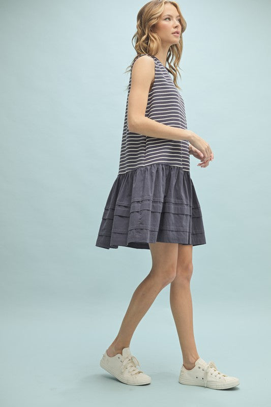 Mixed Media Striped Mini Dress - Blue & Cream-Dress- Hometown Style HTS, women's in store and online boutique located in Ingersoll, Ontario