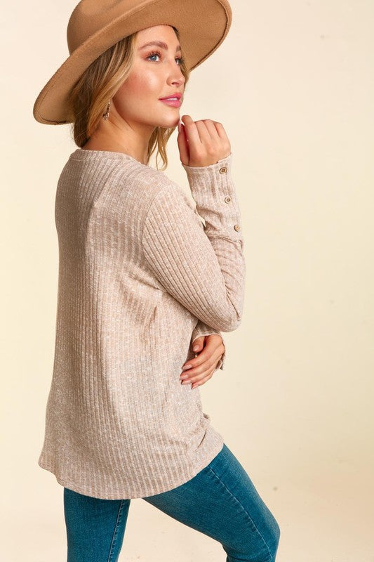 Lace Detail, V Neck Top - Latte-casual shirt- Hometown Style HTS, women's in store and online boutique located in Ingersoll, Ontario