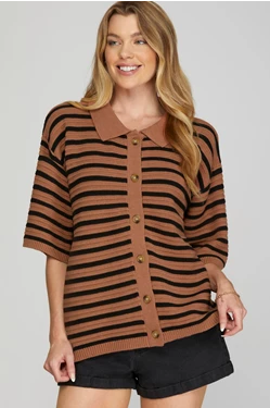Striped Button Down Sweater Top - Cinnamon-Tops- Hometown Style HTS, women's in store and online boutique located in Ingersoll, Ontario