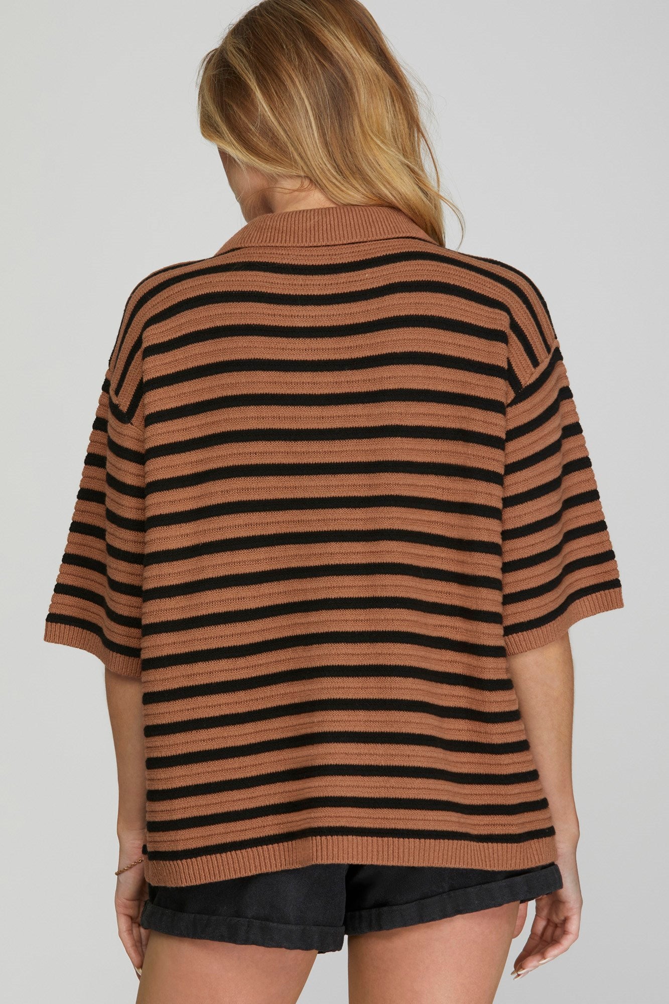 Striped Button Down Sweater Top - Cinnamon-Tops- Hometown Style HTS, women's in store and online boutique located in Ingersoll, Ontario