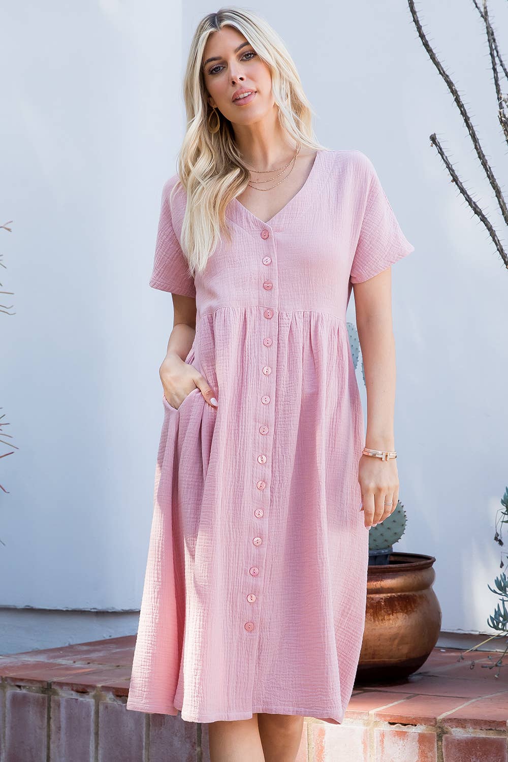 Cotton Button Down Midi Dress - Pink-dress- Hometown Style HTS, women's in store and online boutique located in Ingersoll, Ontario