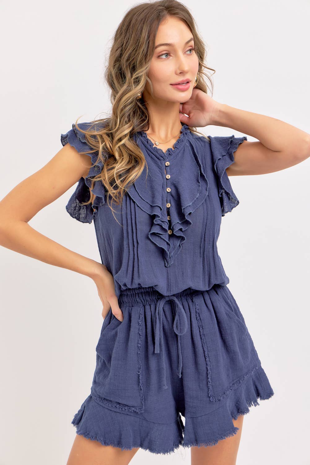 Casual Cotton Romper - Ink-Jumpsuits & Rompers- Hometown Style HTS, women's in store and online boutique located in Ingersoll, Ontario