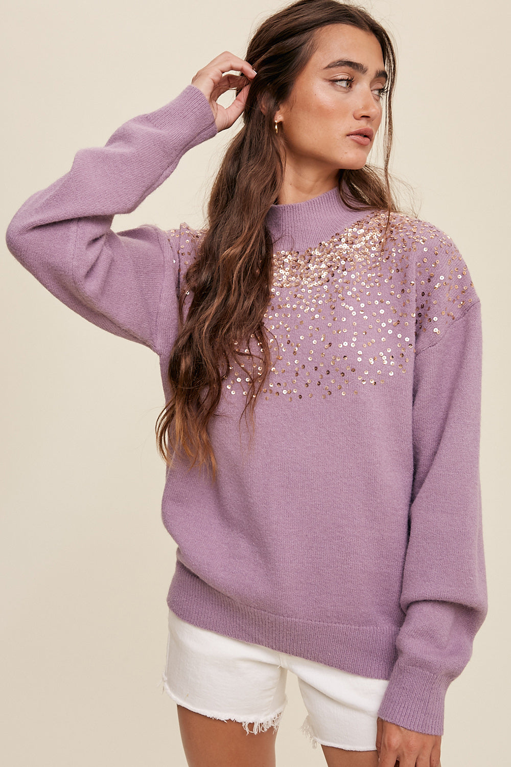 Sprinkled Sequin Sweater - Lavender-Sweater- Hometown Style HTS, women's in store and online boutique located in Ingersoll, Ontario