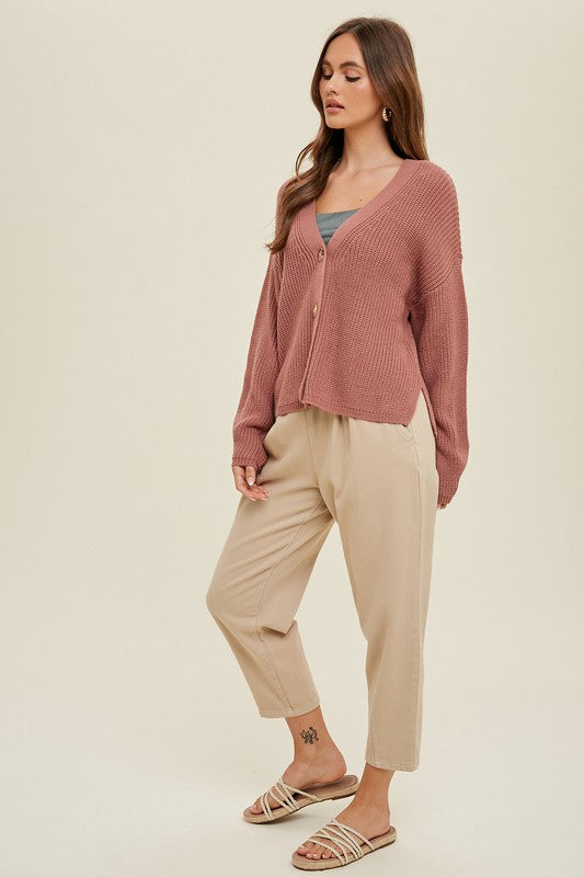 Chunky Cardi Sweater - Red Bean-Sweater- Hometown Style HTS, women's in store and online boutique located in Ingersoll, Ontario