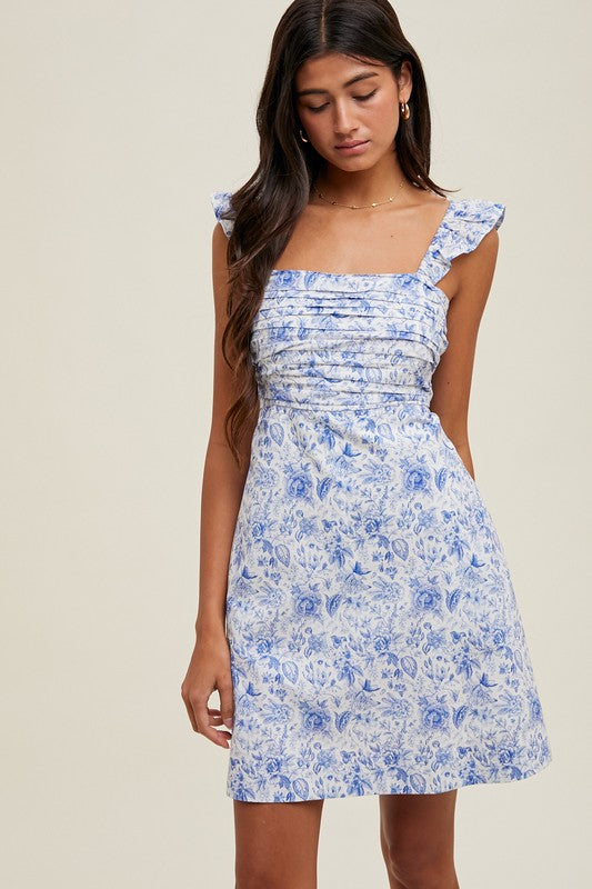 Floral Ruffle Sleeve Mini Dress - Blue-Special Occasion Dress- Hometown Style HTS, women's in store and online boutique located in Ingersoll, Ontario