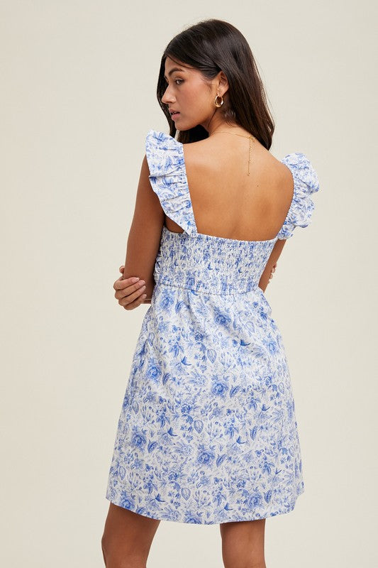 Floral Ruffle Sleeve Mini Dress - Blue-Special Occasion Dress- Hometown Style HTS, women's in store and online boutique located in Ingersoll, Ontario