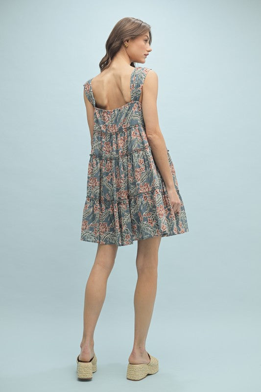 Floral Tiered Mini Dress - Teal-dress- Hometown Style HTS, women's in store and online boutique located in Ingersoll, Ontario