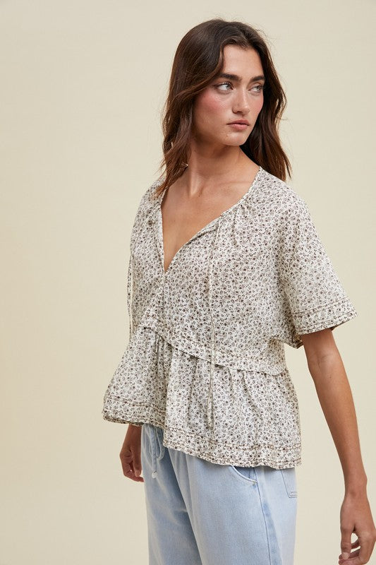 Floral Babydoll Blouse - Charcoal/Cream-blouse- Hometown Style HTS, women's in store and online boutique located in Ingersoll, Ontario