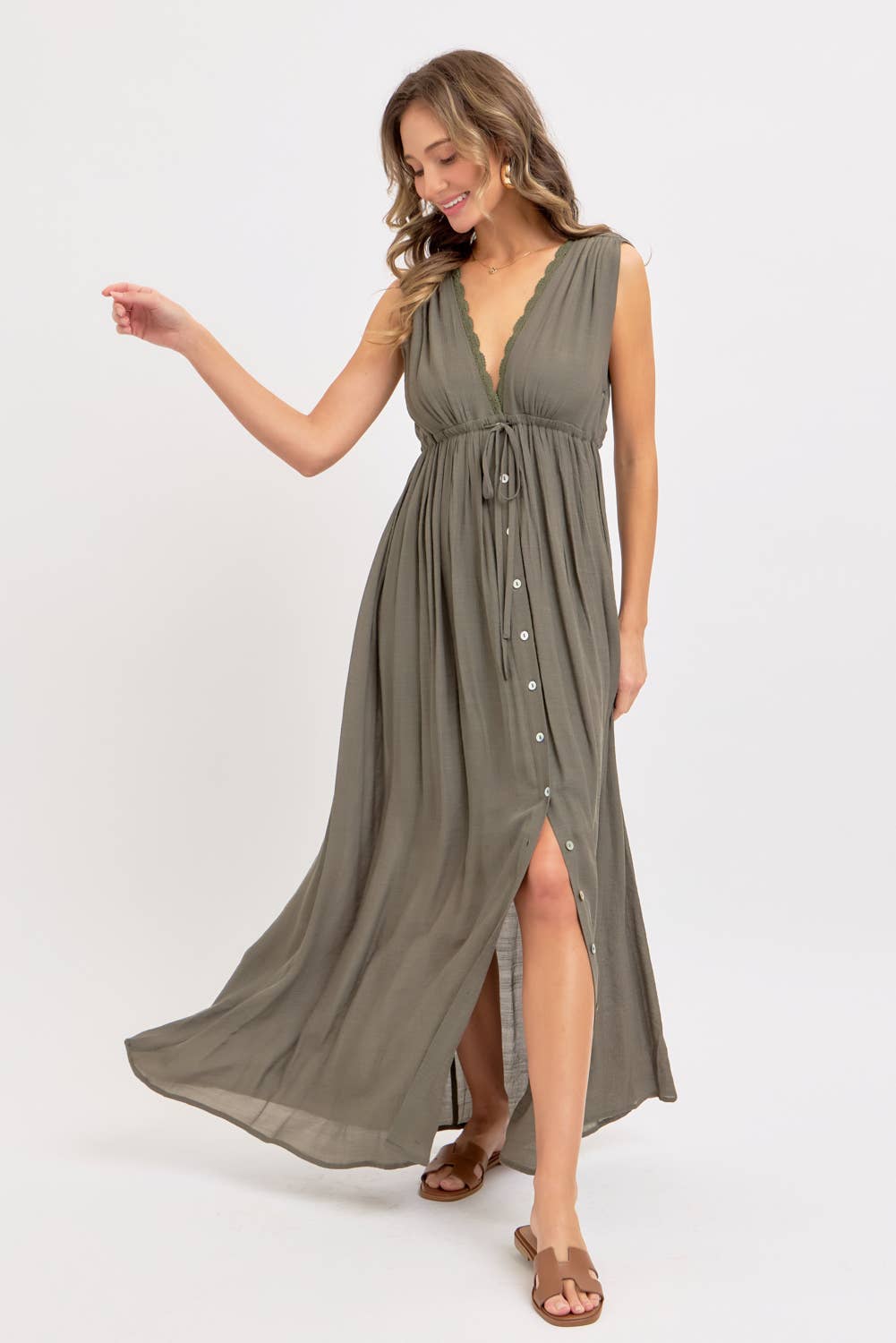 Deep V Neckline Maxi Dress - Olive-dress- Hometown Style HTS, women's in store and online boutique located in Ingersoll, Ontario