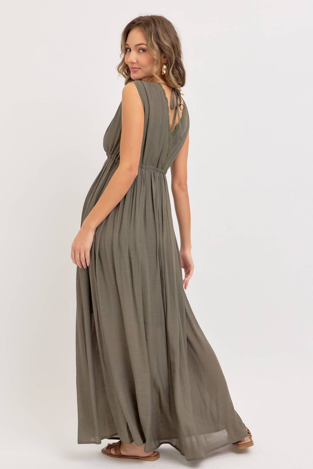 Deep V Neckline Maxi Dress - Olive-dress- Hometown Style HTS, women's in store and online boutique located in Ingersoll, Ontario
