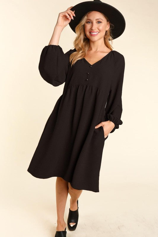 Long Sleeve Babydoll Dress - Black-Dress- Hometown Style HTS, women's in store and online boutique located in Ingersoll, Ontario