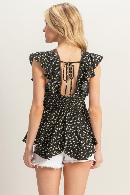 Ditsy Floral Peplum Top - Black-Tops- Hometown Style HTS, women's in store and online boutique located in Ingersoll, Ontario