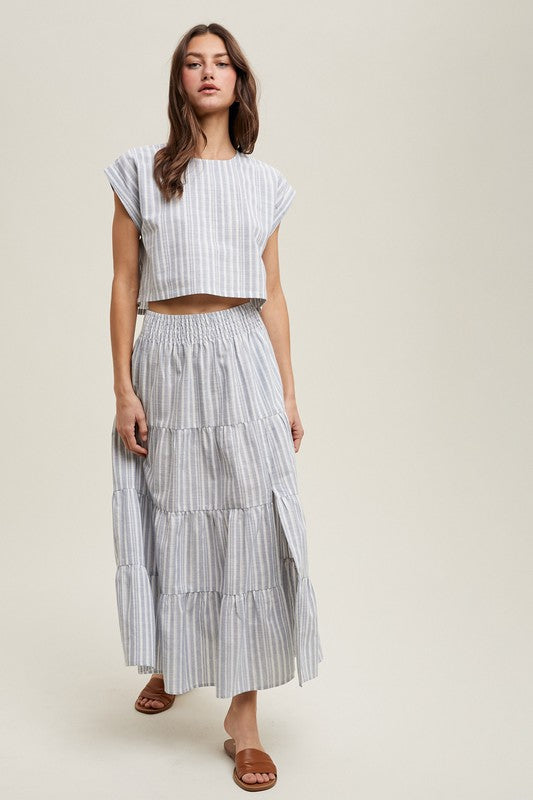 Striped Relaxed Crop top and Skirt Set - Blue-set- Hometown Style HTS, women's in store and online boutique located in Ingersoll, Ontario