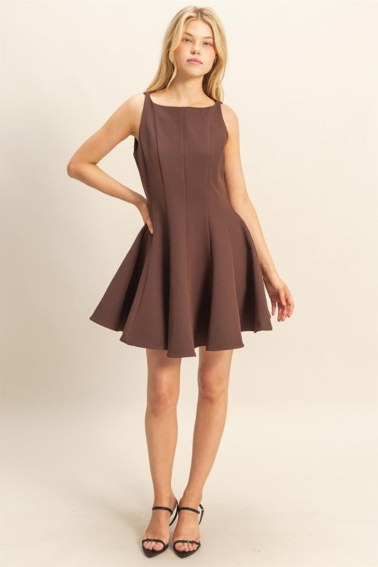 Sleeveless Flared Hemline Dress - Brown-Special Occasion Dress- Hometown Style HTS, women's in store and online boutique located in Ingersoll, Ontario
